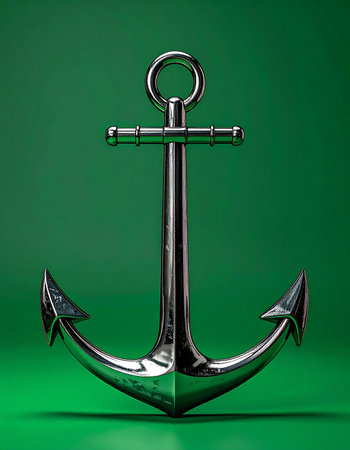 A polished chrome anchor stands firm against a vibrant green background. This powerful symbol represents stability, strength, and the promise of a safe harbor after a long journey, making it an ideal metaphor for security, trust, and steadfastness.の素材