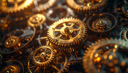 A detailed macro view reveals the inner workings of a complex clockwork mechanism. Bathed in a warm, golden glow, the intricate gears and cogs interlock with perfect precision, symbolizing concepts of teamwork, innovation, and the beautiful complexity of a well-oiled system in motion.の素材