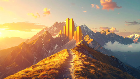 A winding path leads up a sun-drenched mountain ridge towards a magnificent golden city, a mythical kingdom glowing in the warm light of dawn. This epic landscape represents a journey towards a new beginning, success, and the discovery of a legendary paradise.の素材