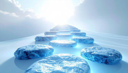 A celestial pathway of glowing, icy stepping stones leads towards a brilliant, divine light. This serene and mystical scene represents a spiritual journey, progress towards a goal, or the path to enlightenment and future success.の素材