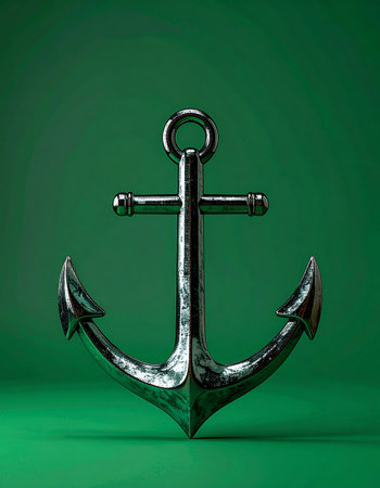 A classic metal anchor stands firm against a vibrant green background. This powerful image symbolizes stability, security, and being grounded, making it a perfect metaphor for strength in business, finance, or personal conviction. A timeless icon of hope and steadfastness.の素材