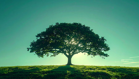 A majestic, solitary tree stands as a powerful symbol of life, growth, and stability on a peaceful green hillside. The suns rays filter through its lush canopy, creating a serene and hopeful atmosphere. This image represents tranquility, natures resilience, and a deep connection to the earth.の素材