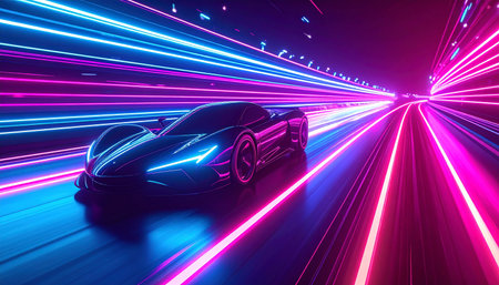 A futuristic hypercar blazes through a tunnel of vibrant pink and blue neon lights, its form a blur of speed and power. This image captures the essence of high-octane energy, advanced technology, and the thrilling pulse of a cyberpunk metropolis at night.の素材