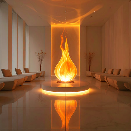 A central, luminous flame installation casts a warm, inviting glow across a modern and minimalist wellness spa. The serene ambiance and sleek design create a perfect sanctuary for relaxation and escaping the stresses of daily life.の素材
