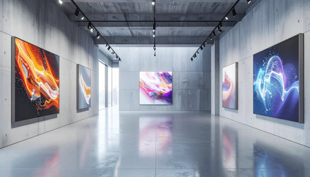 Step into a serene, minimalist art gallery where technology and creativity converge. Luminous, abstract canvases glow with vibrant energy against stark concrete walls, their colors reflecting on the polished floor. This is a space for contemplation, showcasing the future of digital art in a sophisticated, contemporary setting.の素材