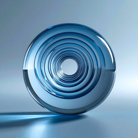 A mesmerizing blue glass sphere captures the light, revealing an infinite tunnel of concentric circles within. This abstract object evokes a sense of depth, focus, and futuristic innovation, symbolizing a journey into clarity or a portal to new possibilities.の素材