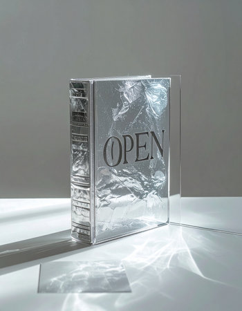 In a minimalist setting, a mysterious book with a liquid-metal cover reflects the world in a distorted way. Despite being closed, its title, OPEN, serves as a powerful invitation to unlock new knowledge, embrace fresh perspectives, and seize unseen opportunities. This image symbolizes the potential that lies within every new chapter.の素材