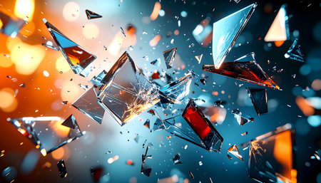 Shards of glass erupt in a chaotic yet beautiful explosion, frozen in time against a backdrop of vibrant orange and cool blue bokeh lights. This dynamic image captures a moment of powerful impact, symbolizing breakthrough, disruption, and the dramatic release of energy.の素材