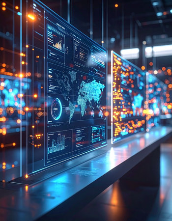 In a state-of-the-art command center, glowing holographic displays process vast amounts of global data in real-time. This dynamic interface visualizes complex analytics, representing the forefront of technological innovation and strategic decision-making.の素材