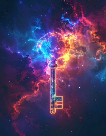 A single, ornate key floats in the vastness of a colorful cosmic nebula, glowing with ethereal light. It represents the unlocking of universal secrets, hidden knowledge, and infinite potential waiting to be discovered. A powerful symbol for concepts of mystery, opportunity, and spiritual exploration.の素材