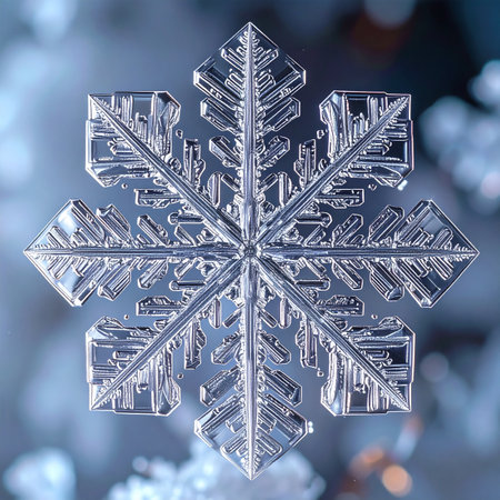 Captured in a moment of stillness, this single snowflake displays its intricate, geometric perfection. The cool blue background with soft bokeh highlights its fragile beauty, evoking a sense of winters quiet magic and the unique wonder of nature.の素材