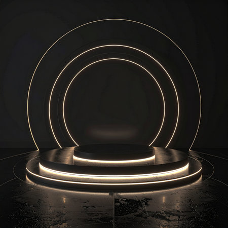An empty, multi-tiered stage is illuminated by warm, glowing lines against a dark, circular backdrop. The reflective surface below enhances the sense of depth and luxury, making it an ideal setting for showcasing a premium product or celebrating a momentous achievement.の素材