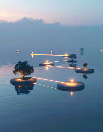 At the tranquil hour of dusk, small islands float upon a calm, endless sea. Each one, a beacon with a glowing candle or a solitary tree, is connected by threads of light, symbolizing a network of ideas, spirituality, and serene unity in a vast, quiet world.の素材