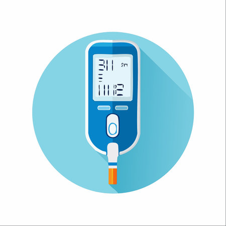 A modern digital glucometer, essential for daily diabetes management. This flat design icon represents the importance of regular blood sugar testing for maintaining health and wellness.のイラスト素材