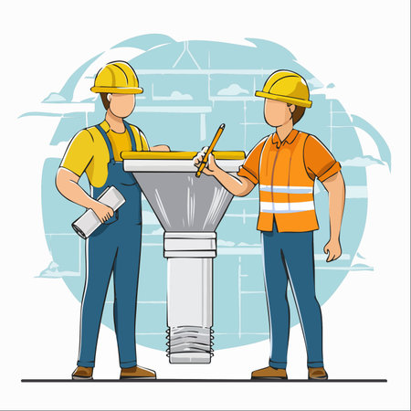 Two engineers in hard hats collaborate on a construction site, reviewing blueprints next to a large industrial pipe.のイラスト素材