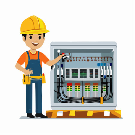 A friendly and professional electrician, wearing a hard hat and tool belt, carefully inspects and adjusts an industrial electrical control panel.のイラスト素材