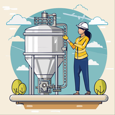 A dedicated female engineer, equipped with a hard hat and safety gear, meticulously inspects a large industrial storage tank.のイラスト素材