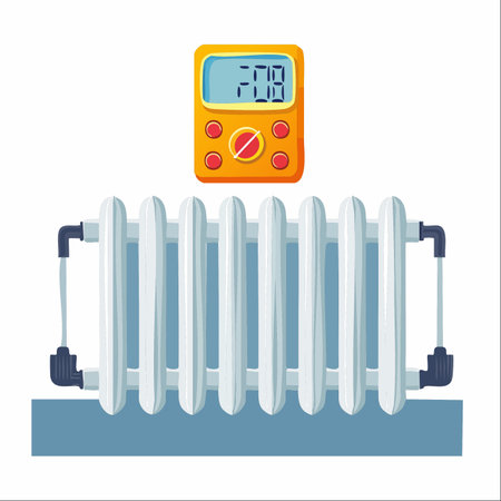 A digital multimeter is used to diagnose a classic home radiator, symbolizing the intersection of modern technology and traditional infrastructure.のイラスト素材