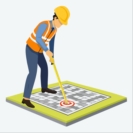 An isometric illustration of a dedicated engineer in a hard hat and safety vest, meticulously taking a precise measurement on a grid.のイラスト素材
