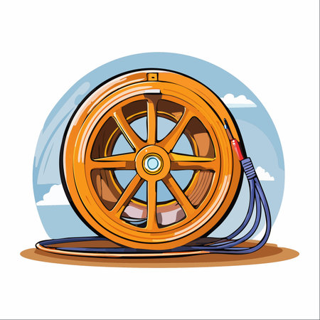 A robust orange reel ready for action on a worksite. The heavy-duty blue electrical cable is partially unwound, representing power, preparedness, and the essential tools for construction and industry.のイラスト素材