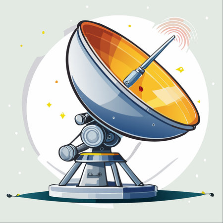 A sleek, modern satellite dish points towards the stars, actively transmitting and receiving data from the vast expanse of the cosmos.のイラスト素材