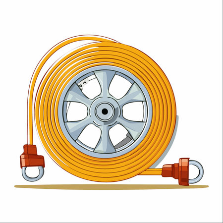 An essential piece of automotive safety equipment, this heavy-duty yellow tow strap is neatly coiled around an alloy wheel, ready for action.のイラスト素材