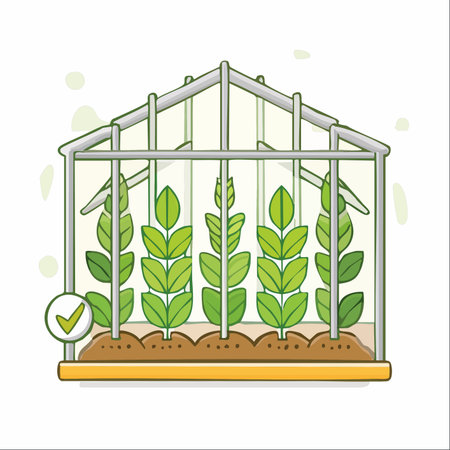 A vector illustration showcasing a modern greenhouse where young plants thrive in a perfectly controlled environment.のイラスト素材