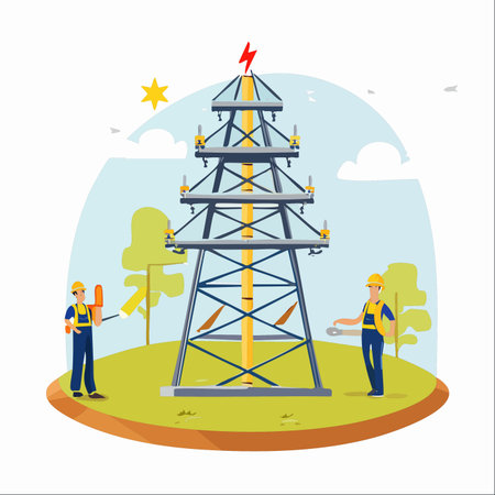 A team of two professional electricians in safety gear stands ready to perform maintenance on a high-voltage transmission tower.のイラスト素材