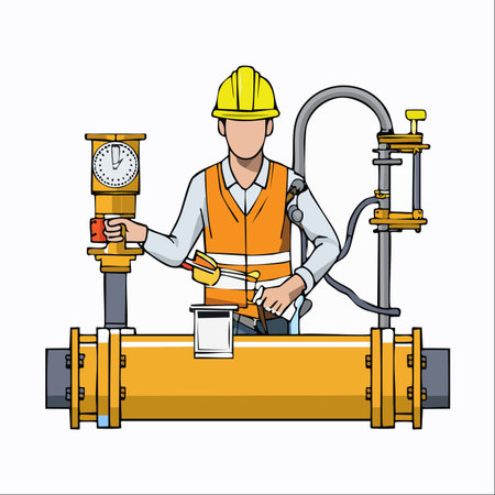 A skilled technician in a hard hat and safety vest meticulously inspects a complex industrial pipeline. He carefully monitors a pressure gauge, ensuring the system operates safely and efficiently.のイラスト素材