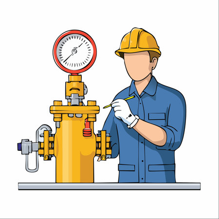 A skilled technician in full safety gear meticulously inspects a critical pipeline valve, checking the pressure gauge to ensure operational integrity and safety.のイラスト素材