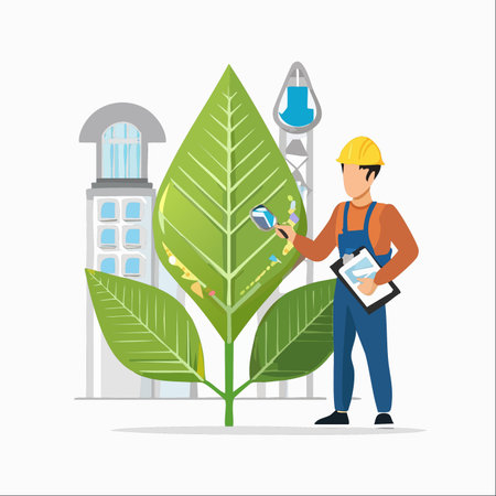 A dedicated environmental engineer in a hard hat conducts a detailed quality control inspection on a large plant leaf.のイラスト素材