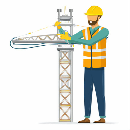 A skilled construction engineer, wearing a hard hat and safety vest, meticulously assembles a section of a tower crane.のイラスト素材