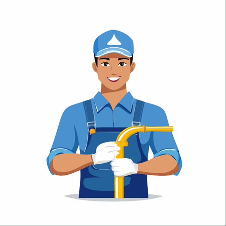 A friendly and competent plumber, dressed in a clean uniform and cap, smiles confidently while holding a section of pipe.のイラスト素材