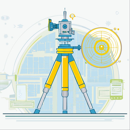 A detailed vector illustration of a modern total station on a tripod, ready for precise land measurement.のイラスト素材