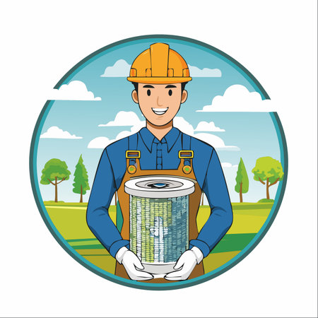 A cheerful technician in a hard hat proudly presents a modern water filter cartridge.のイラスト素材
