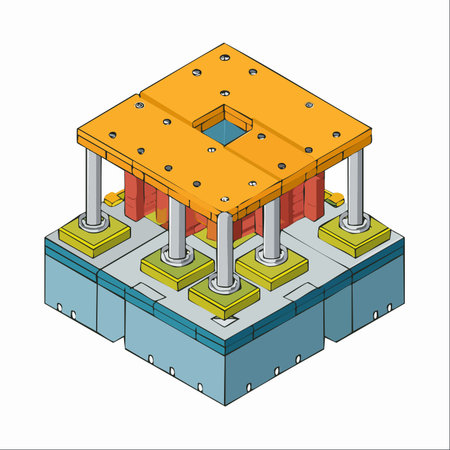 A detailed isometric illustration of a complex industrial machine component. This could be the base of a hydraulic press or a stamping die, showcasing precision engineering and robust construction.のイラスト素材