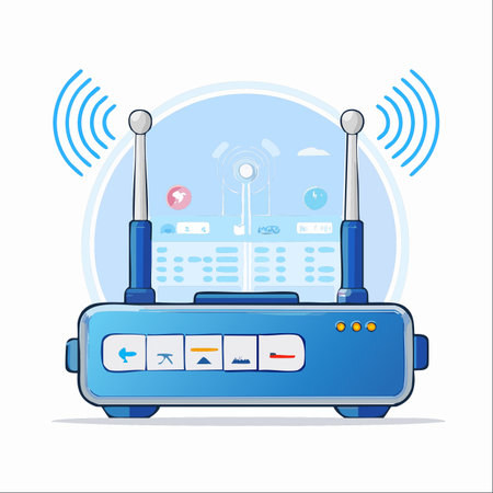 A modern wireless router, the central hub for digital connectivity. With antennas broadcasting a strong signal, it symbolizes the seamless flow of data in a smart home or office.のイラスト素材