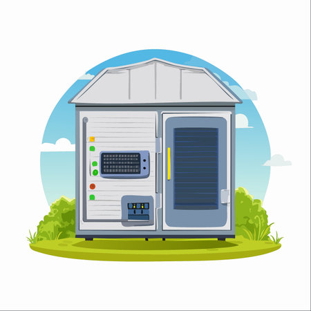 A modern industrial power supply unit or control cabinet situated in a natural outdoor setting.のイラスト素材