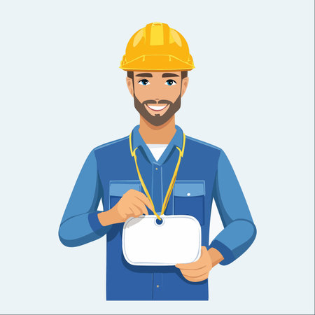 A friendly and professional construction worker in a yellow hard hat smiles confidently at the camera. He proudly presents his blank ID badge, ready for personalization.のイラスト素材