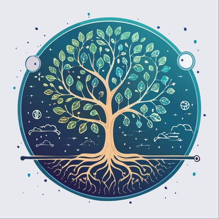 A modern, stylized illustration of the Tree of Life, rooted firmly while its branches reach into a cosmic, celestial sphere.のイラスト素材