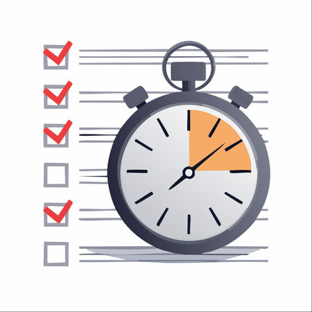 A stopwatch marks the passing time, highlighting a crucial interval, while a checklist next to it shows several tasks already completed.のイラスト素材