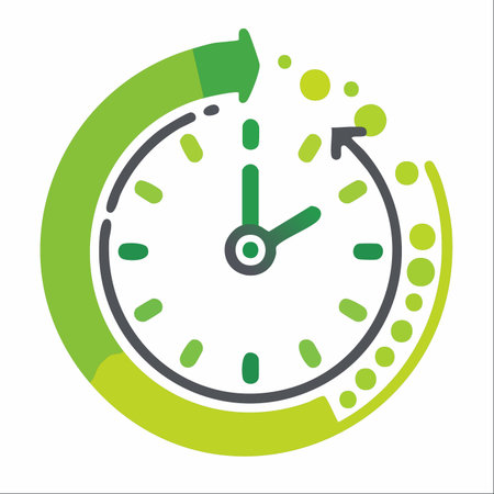 A modern vector icon illustrating the concept of time in motion. The green arrows and dynamic elements symbolize an efficient workflow, continuous process, and the forward momentum of progress.のイラスト素材