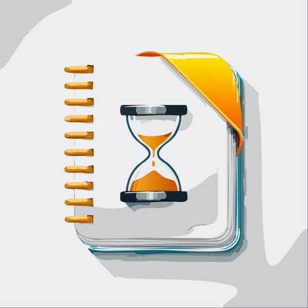 A vector illustration of a spiral notebook with an hourglass symbol on the cover, representing concepts of time management, meeting deadlines, and the importance of planning for productivity and succ.のイラスト素材
