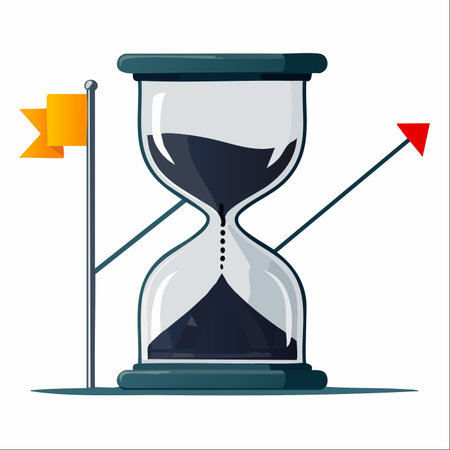 A symbolic illustration representing the relationship between time, goals, and progress. An hourglass measures the passing of time, while a flag marks a significant milestone.のイラスト素材