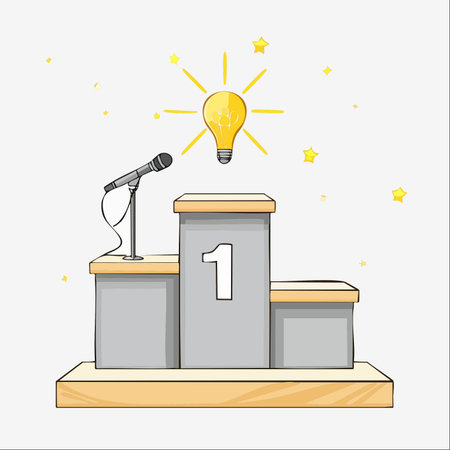A brilliant idea, symbolized by a glowing lightbulb, takes first place on the winner's podium.のイラスト素材