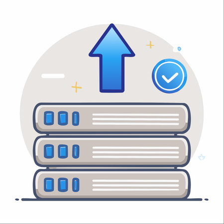 A visual representation of a successful data transfer. A large blue arrow points upwards from a stack of servers, indicating a completed upload, confirmed by a prominent checkmark.のイラスト素材