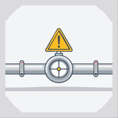 A prominent yellow warning sign on a main valve indicates a potential hazard or system malfunction.のイラスト素材