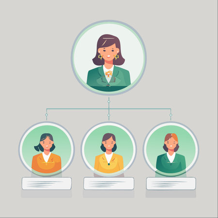 A clear and modern illustration of a corporate structure, showcasing a female manager leading her dedicated team.のイラスト素材