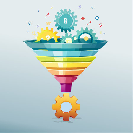 A conceptual illustration of a business process where diverse data, ideas, and tasks, represented by various gears, are fed into a colorful conversion funnel.のイラスト素材