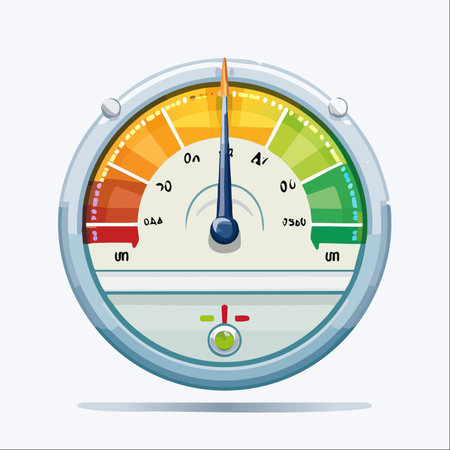 An illustrated performance meter with its needle pointing towards the high-end green zone, symbolizing success, optimal efficiency, and achieving goals.のイラスト素材